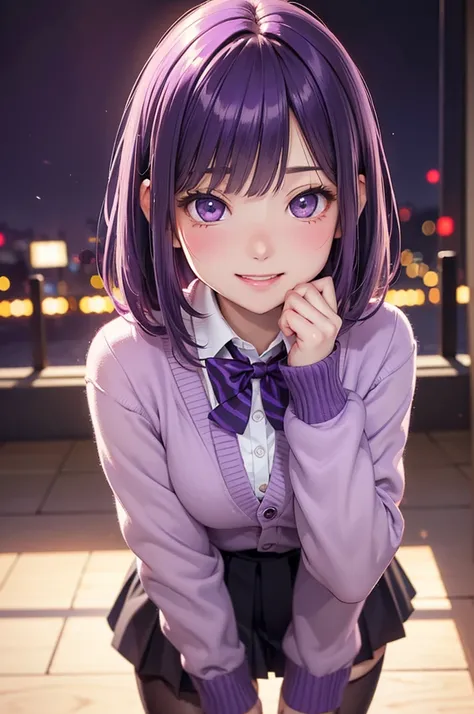 ( Best Quality, Hi-Res,8k,inelity detailed background, Masterpiece:1.2), Beautiful Girl,( glossy purple hair :1.3),(long hair:1.2) bob cut,Beautiful purple eyes,autumn,school uniform,Cardigan,skirt,black tights,(zettairyoiki:1.2),Gentle look,A refreshing l...