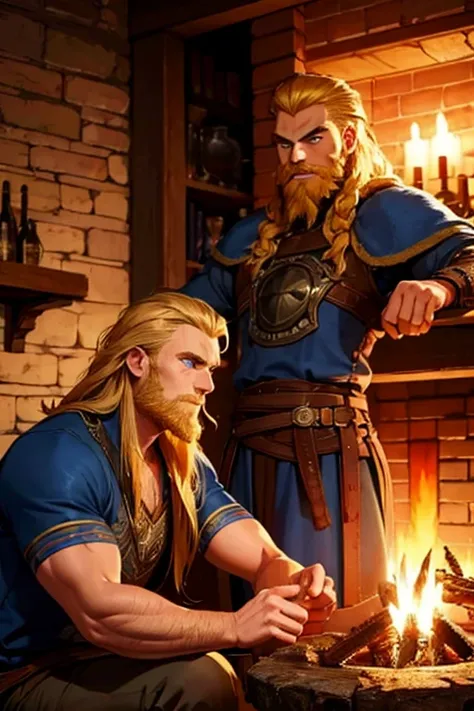 Perfect face. Perfect hands. A muscular blonde haired man with blue eyes with long hair and a dark beard in cool Viking armor is smiling by a fireplace in a tavern