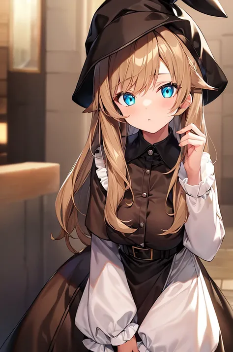  girl,  medium light brown hair  (Almost a blond ), Cyan Eyes,  a face pint , medium brown skin,  hat with black rabbit ears, Gothic clothes