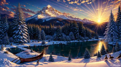 beautiful winter scene, thomas kinkade, mountain lake with an old log cabin in the clearing, campfire in front of the cabin, sno...