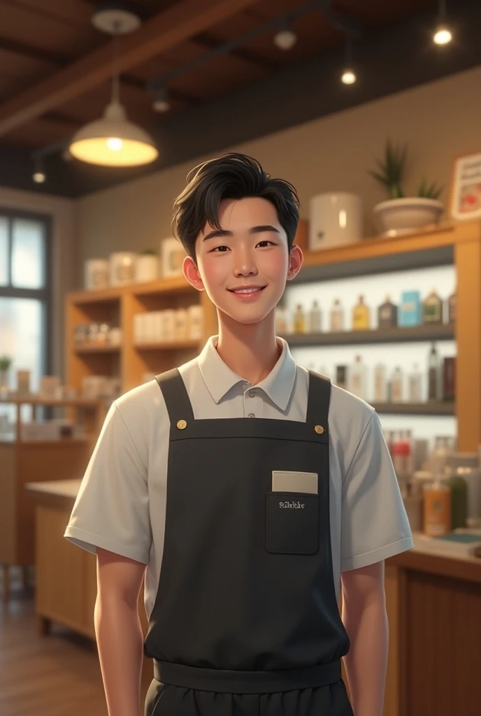 asian guy in his 20s, handsome, smiling, store clerk clothes, store interior background
