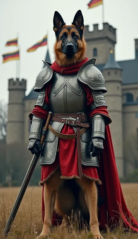  Imagine a German Shepherd dog as a medieval warrior from Germany ,  wearing heavy armor with iron details and holding a long sword.  The dog stands in front of an imposing castle , with flags in the wind, representing loyalty and bravery .