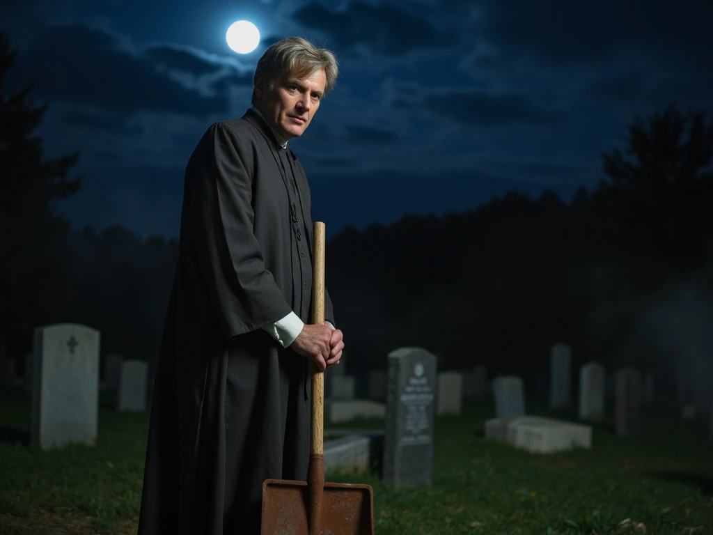 The same middle-aged man wearing his cassock, standing in a dimly lit cemetery at night. He holds a rusty shovel, looking over his shoulder with a wary expression. The moonlight casts long shadows, and a light mist surrounds the graves. Realistic photo, —a...