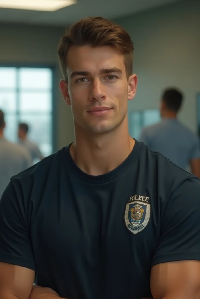 handsome young policeman with short brown hair, t-shirt, in office, muscle physique, realistic, photo portrait 