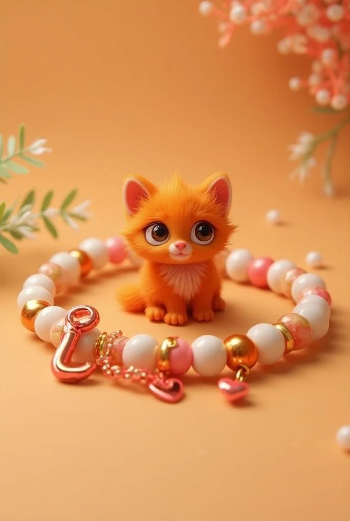 This is how you make a bracelet with this description like a beaded bracelet Some small heart pendants I want a bracelet with the initial I and a miniature orange kitten in the color red