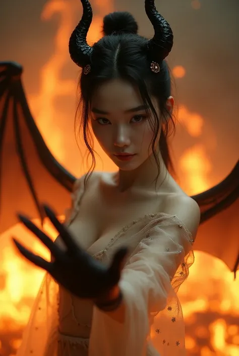 
  upscaling studio quality  , 8k, HD,    In the background a sea of flames   ,   very pretty young Korean 20-year-old demon ,  heart-shaped face , symmetrical bun, with two horns,   two large wings on the back  , Hair accessories, Schmuck, soft face  , de...