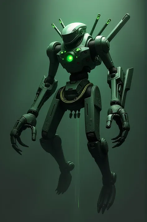  floating robot , dark green color,  with green lights and lines that shine green , Can ,  float but has no legs ,  it has two large mechanical arms with 4 mechanical claws ,  and laser kennels in the palms ,  robot head with a visor that makes it cooler ,...