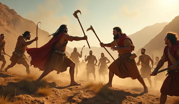 an ultra realistic image, 4k, Israelites fighting the Midianites, with sickles, knives, clubs, biblical times, high view shot