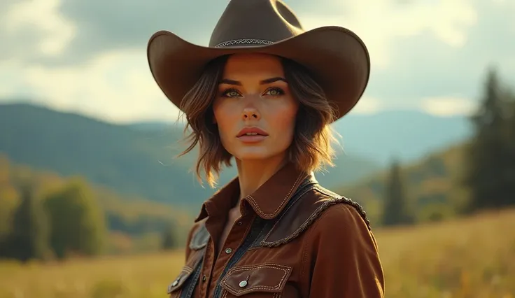 (best quality, 4k, 8k, high resolution, masterpiece: ultra-detailed, (realistic, photorealistic, photorealistic: A beautiful woman in her 50s, medium brown short hair, full body, wearing a highly realistic western cowgirl outfit, in the background beautifu...