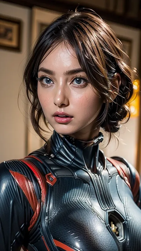 masterpiece,((Beautiful Face:1.2)), ((realistic:1.2)),Best Quality,((Natural huge breasts)),((Upper Body)),  1 girl, (( plug suit that fits your skin perfectly:1.4)), Perfect Eyes,  perfect face, Kuvshinov, Cowboy Shooting,