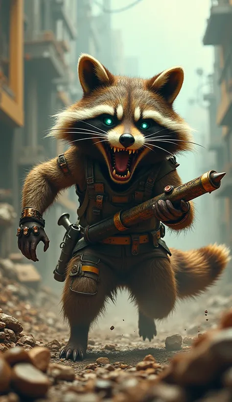 Rocket Raccoon:Visualize Rocket as a mutant creature ,  his eyes glowing with radioactive green and his fur bristling and wild.  He wields weapons made of bones and rusty metal ,  laughing maniacally as he wreaks destruction on a desolate landscape .