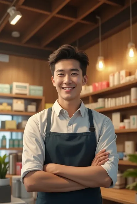 asian guy in his 20s, handsome, smiling, store clerk clothes, store interior background
