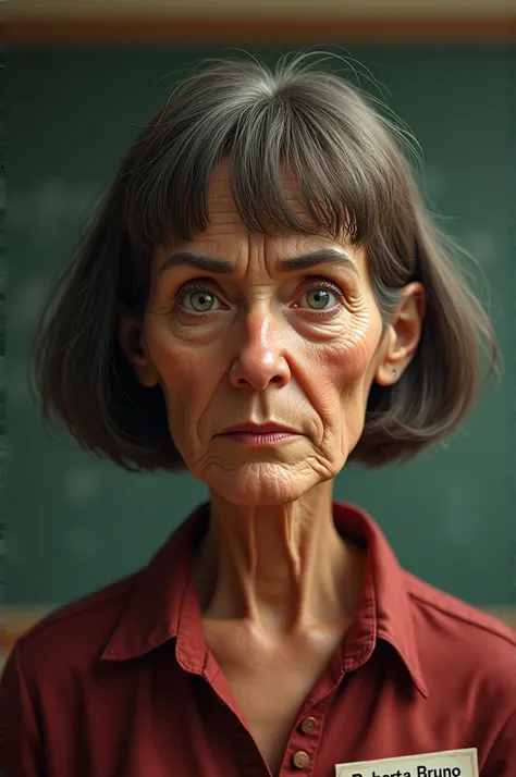 Pull me the image of an old grammar teacher with bangs is a very messy one and her hair in a brown bob with a medium forehead and a pointed nose turned upwards the face is full of wrinkles It is on the chest there is a sign with Roberta Bruno written on it