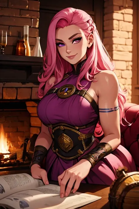 Perfect face. Perfect hands. A pink haired woman with violet eyes and an hourglass figure in a Viking dress is smiling by a fireplace in a tavern