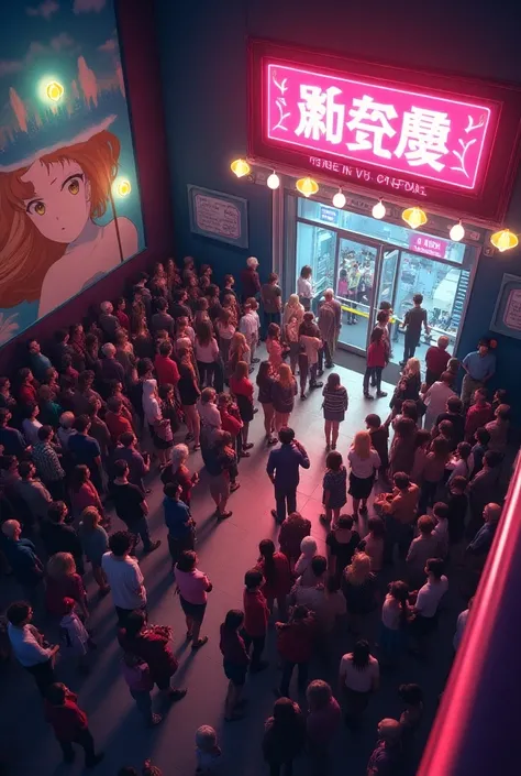 Overhead in the cinema aboard the anime written Dabo and people queuing for tickets