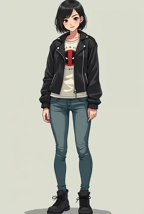 neat Japanese woman、、Ear piercing、Leather jacket、smile、 starwars shirt,, likes Star Wars, marvel and skateboarding, all interests should be inclouded, she should wear something deadpool or Spider-Man themed, a whole body shot with a neutral background 、Ski...