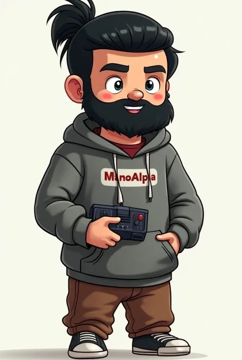  Create a photo of the ManoAlpha cartoon - large black hair tied, medium black beard with brown pants  ,with horizontal reflector , and a gray hooded sweatshirt ,The t-shirt that says ManoAlpha on the upper right side , Holding a Sega Mega Drive-style vide...