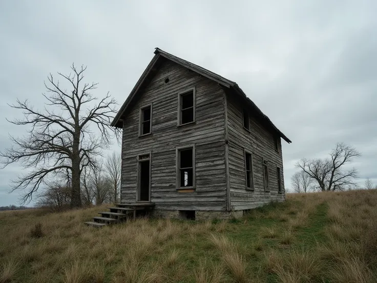 A decrepit wooden house on a grassy hill under a gray, overcast sky. The windows are shattered, the roof is partially caved in, and the front door hangs slightly ajar. Dead trees surround the house, their branches twisted and bare. The atmosphere is ominou...