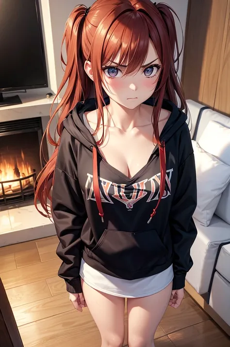 a bratty ex-girlfriend, angry expression, disheveled auburn hair, highly detailed, photorealistic, masterpiece, eye contact, living room, oversized hoodie, standing over viewer