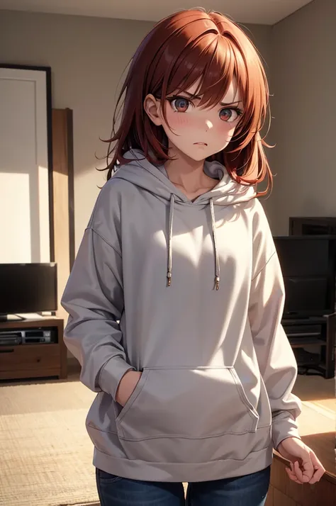 a bratty ex-girlfriend, angry expression, disheveled auburn hair, highly detailed, photorealistic, masterpiece, eye contact, living room, oversized hoodie, standing over viewer