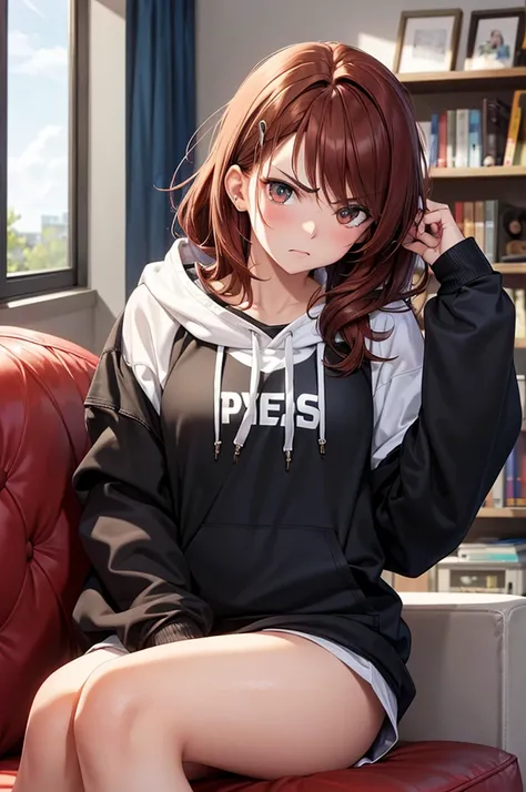 a bratty ex-girlfriend, angry expression, disheveled auburn hair, highly detailed, photorealistic, masterpiece, eye contact, living room, oversized hoodie, standing over viewer