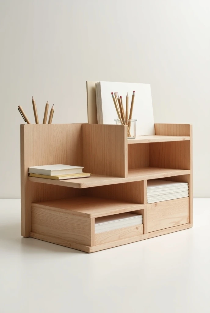 Wooden desk organiser using architectural composition which can organise pen,pencils,paper,books