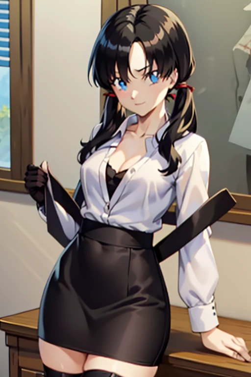 Rin Tohsaka, Rin Tohsaka, eyes of water,  black hair ,  headband , long hair, ribbon bow, (side tabs :1.3), ( tall black stockings :1.3), looking at the viewers, BREAK (Masutepiece:1.2),  Best quality ,  High resolution, fondo de pantalla de unidad 8k, (il...