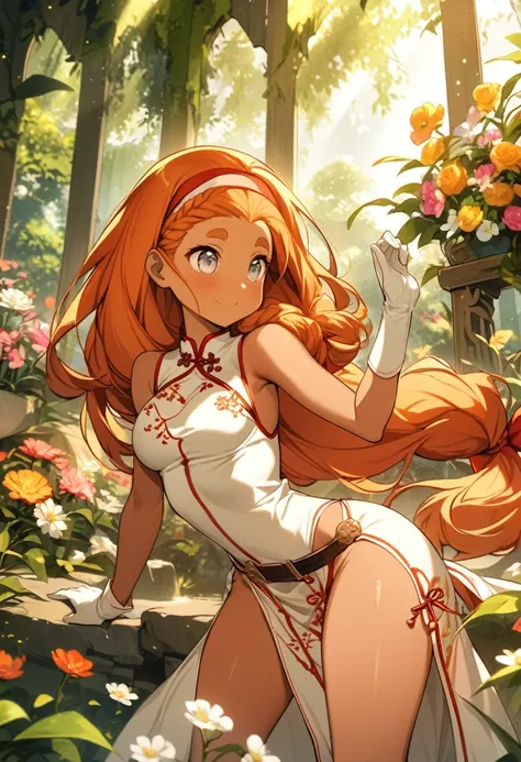 orange hair, tan, low-tied long red headband, white eyes, 1 woman, long hair, A breathtakingly beautiful garden filled with vibrant flowers, lush green plants, The air is filled with the sweet scent of blooming flowers, and rays of golden sunlight gently f...