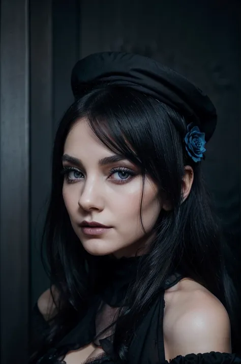 A beautiful, gothic woman with dark makeup and a black hat adorned with a single flower, featuring a soft yet mysterious expression. Her face has delicate features, blending a dark fantasy aesthetic with a realistic portrait style. She resembles a dark nym...