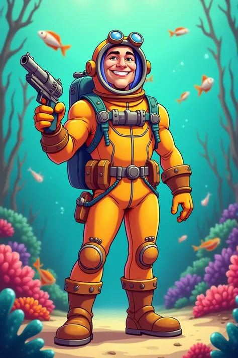 A 2D cartoon of a man wearing a diving suit and a toy pistol in his hand