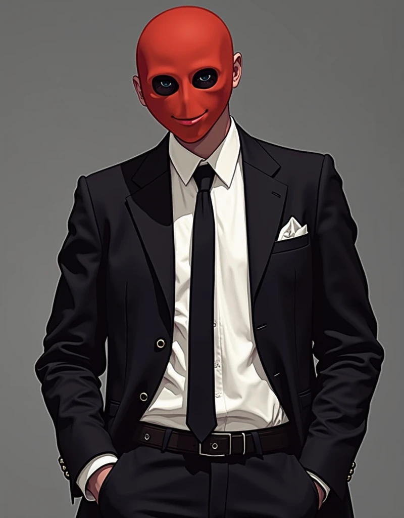  a person wearing a red mask,  dark eyes, Around the eye there is darkness , therefore