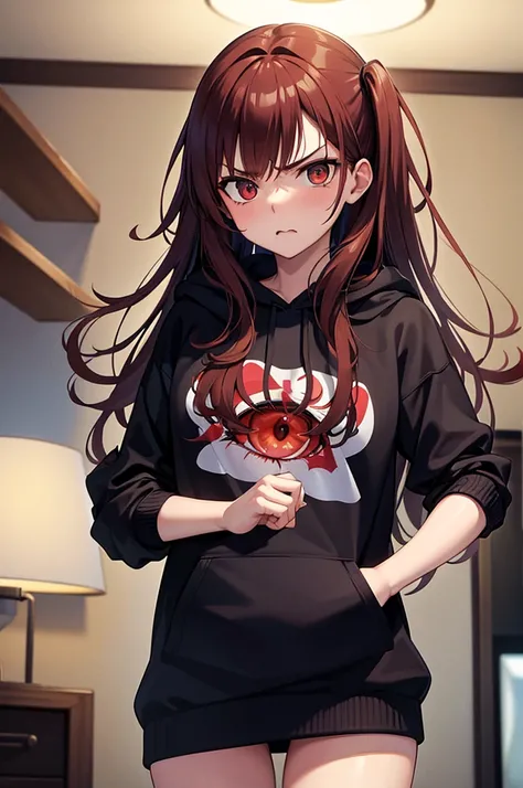 a bratty ex-girlfriend, angry expression, disheveled auburn hair, highly detailed, photorealistic, masterpiece, eye contact, living room, oversized hoodie, standing over viewer, from below