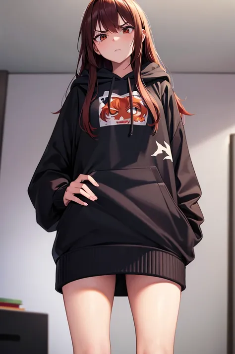 a bratty ex-girlfriend, angry expression, disheveled auburn hair, highly detailed, photorealistic, masterpiece, eye contact, living room, oversized hoodie, standing over viewer, from below