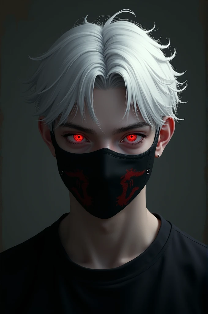 A 17-year-old young man with a bad character has white hair and red eyes. He wears a black shirt and a slightly long hairstyle and wears a mask on his face