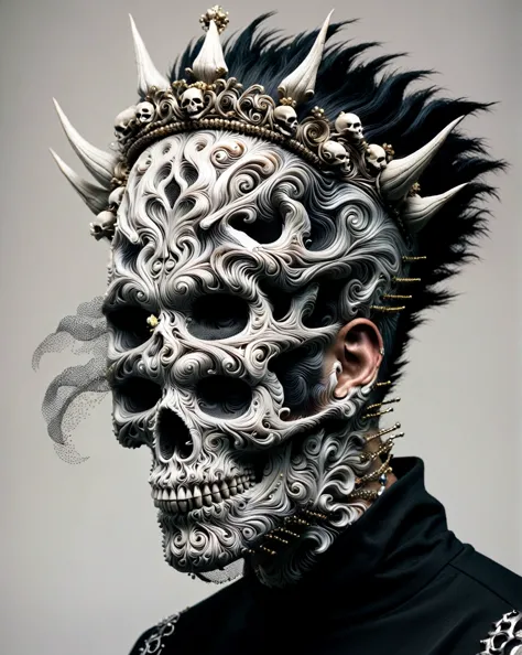 arafed man with a skull mask and a spiked mohawk, with a crown of skulls, adorned with demon skulls, with facial tattoo, inspire...