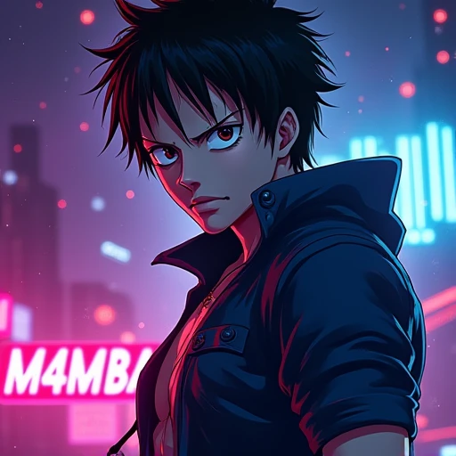 a handsome, adult luffy from one piece, extremely detailed face, beautiful detailed eyes, beautiful detailed lips, long eyelashes, muscular body, dynamic pose, bursts of glowing neon everywhere, M4MBA written in uppercase letters in foreground. cinematic l...