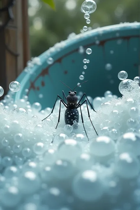 A  washing and brushing a very large container  ,   but I want to see a lot of bubbles coming out of that cup from which a black mosquito comes out with white freckles on its legs
