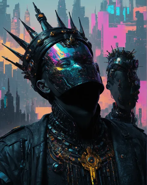 there is a digital painting of a man with a crown on his head, cyberpunk art style, advanced digital cyberpunk art, dark cyberpunk illustration, cyberpunk digital art, detailed cyberpunk illustration, greg beeple, cyberpunk vibrant colors, style hybrid mix...