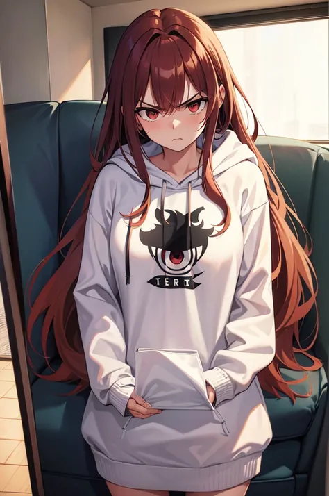 a bratty ex-girlfriend, angry expression, disheveled auburn hair, highly detailed, photorealistic, masterpiece, eye contact, living room, oversized hoodie, standing over viewer,