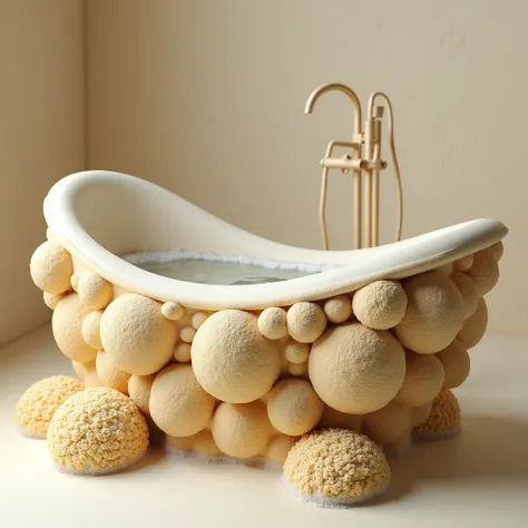 Create an image of a bathtub made entirely out of variously sized and shaped sponges. The sponges form the structure of the tub, stacked together to create the walls and base. They are natural sea sponges in shades of beige, cream, and light yellow, giving...