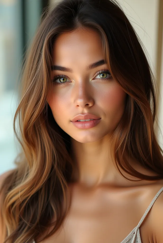 a young, beautiful, and charismatic woman, approximately 22 years old, with long, light brown hair that is slightly wavy and shi...