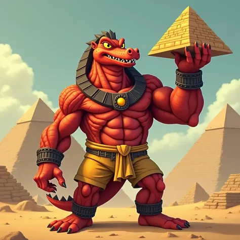  A huge red muscular crocodile furry jock with yellow glowing eyes without pupils in black metal bracelets, wearing yellow pants, he is holding a cartoon-style pyramid of Cheops in the desert above his head 