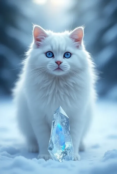 A white fluffy maine coon cat with Stunning blue eyes, adventuring in the winter forest With a beautiful landscape. And theres a floating crystal in front of the cat