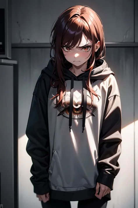 a bratty ex-girlfriend, angry expression, disheveled auburn hair, highly detailed, photorealistic, masterpiece, eye contact, living room, oversized hoodie, standing over viewer, realistic skin texture, intricate details, dramatic lighting, moody atmosphere...