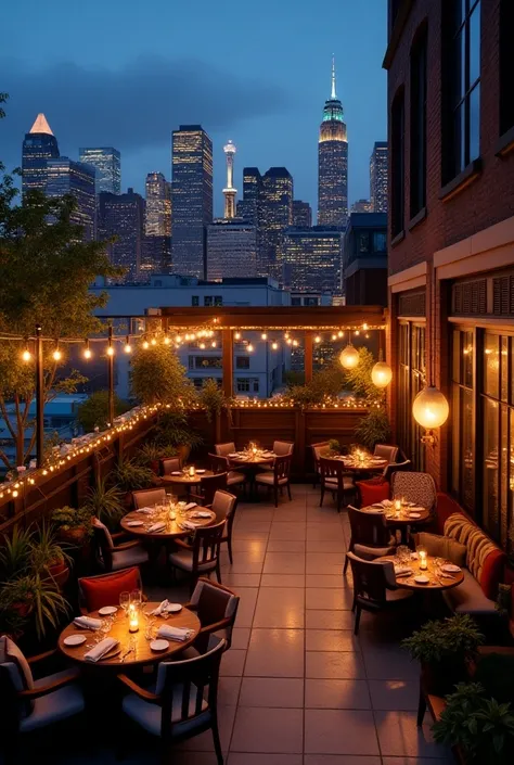 Rooftop style restaurant at night that you can appreciate the place not so fine that it is more urban and you can see surrounding buildings 

