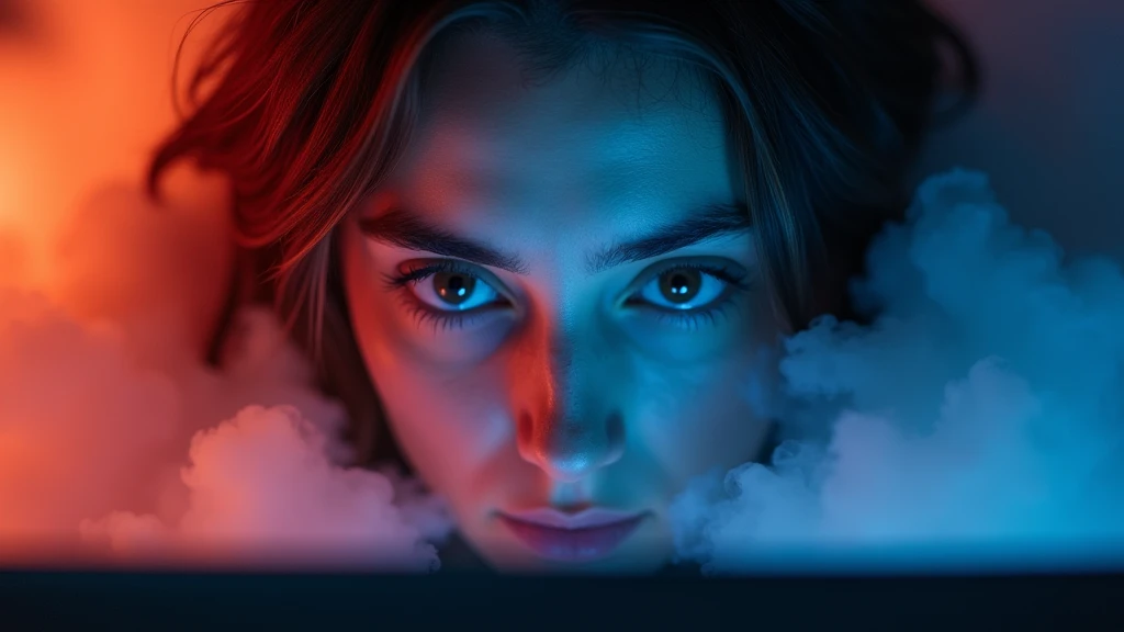 "Close-up of a persons face looking at a computer screen with tired, heavy eyes, illuminated by a cold, artificial blue glow. Around them, soft red and orange hues form clouds that represent the emotional weight and fatigue of a fast-paced, over-committed ...