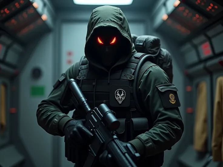 soldier waiting in a special forces suit with a dark badge with red eyes and an aura coming out of his body with a dark weapon in his arm on a plane