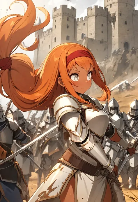 orange hair, tan, low-tied long red headband, white eyes, 1 woman, long hair, white armor, chargint on a battlefield with other knights , raiding a castle.