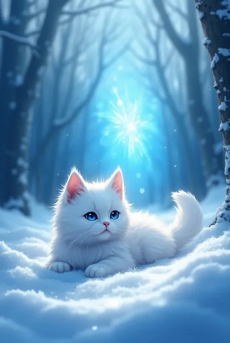 A white fluffy maine coon cat with Stunning blue eyes, adventuring in the winter forest With a beautiful landscape. And theres a floating soul in front of the cat. It also looks like anime and the maine coon cat is laying down, looking at the mythical blue...