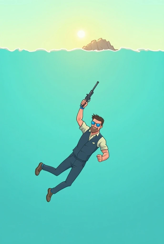 A cartoon of a submerged man with a pistol in his hand and no landscape in the background